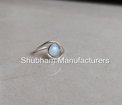 Natural Rainbow Moonstone Ring, 925 Sterling Silver Ring, Blue Fire Moonstone Ring, Birthstone Jewelry, Blue Moonstone Bypass Ring for Her