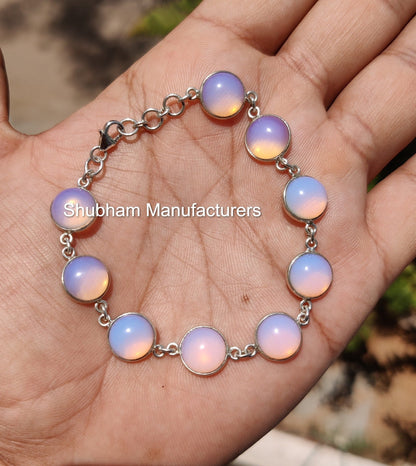 Milky Opalite 925 Sterling Silver Bracelet, Silver Chain Bracelet, Gemstone Adjustable Bracelet, Handmade Jewelry, Round Shape Bracelet