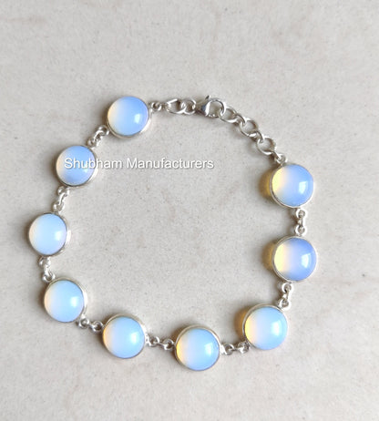 Milky Opalite 925 Sterling Silver Bracelet, Silver Chain Bracelet, Gemstone Adjustable Bracelet, Handmade Jewelry, Round Shape Bracelet