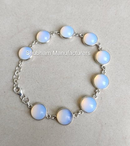 Milky Opalite 925 Sterling Silver Bracelet, Silver Chain Bracelet, Gemstone Adjustable Bracelet, Handmade Jewelry, Round Shape Bracelet