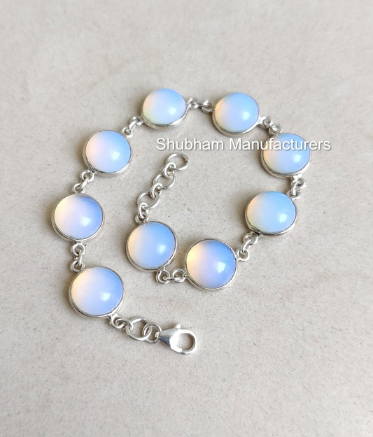 Milky Opalite 925 Sterling Silver Bracelet, Silver Chain Bracelet, Gemstone Adjustable Bracelet, Handmade Jewelry, Round Shape Bracelet