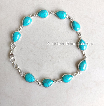 Genuine Turquoise Bracelet, 925 Sterling Silver Bracelet, Adjustable Blue Stone Bracelet, December Birthstone Jewelry, Everyday Bracelet