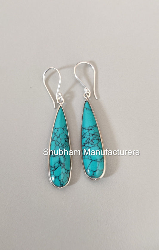 Genuine Turquoise Earrings, 925 Sterling Silver Earrings, Turquoise Silver Jewelry, Teardrop Gemstone Earrings, Wedding Jewelry for Women