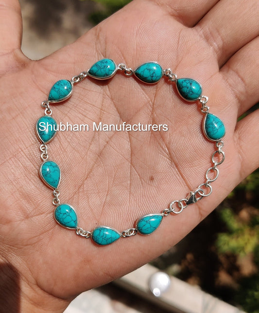 Genuine Turquoise Bracelet, 925 Sterling Silver Bracelet, Adjustable Blue Stone Bracelet, December Birthstone Jewelry, Everyday Bracelet