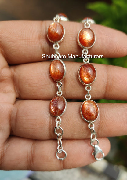 Natural Sunstone Bracelet, 925 Sterling Silver Bracelet, Handmade Bracelet for Her, Flashy Sunstone Jewelry, Orange Gemstone Bracelet
