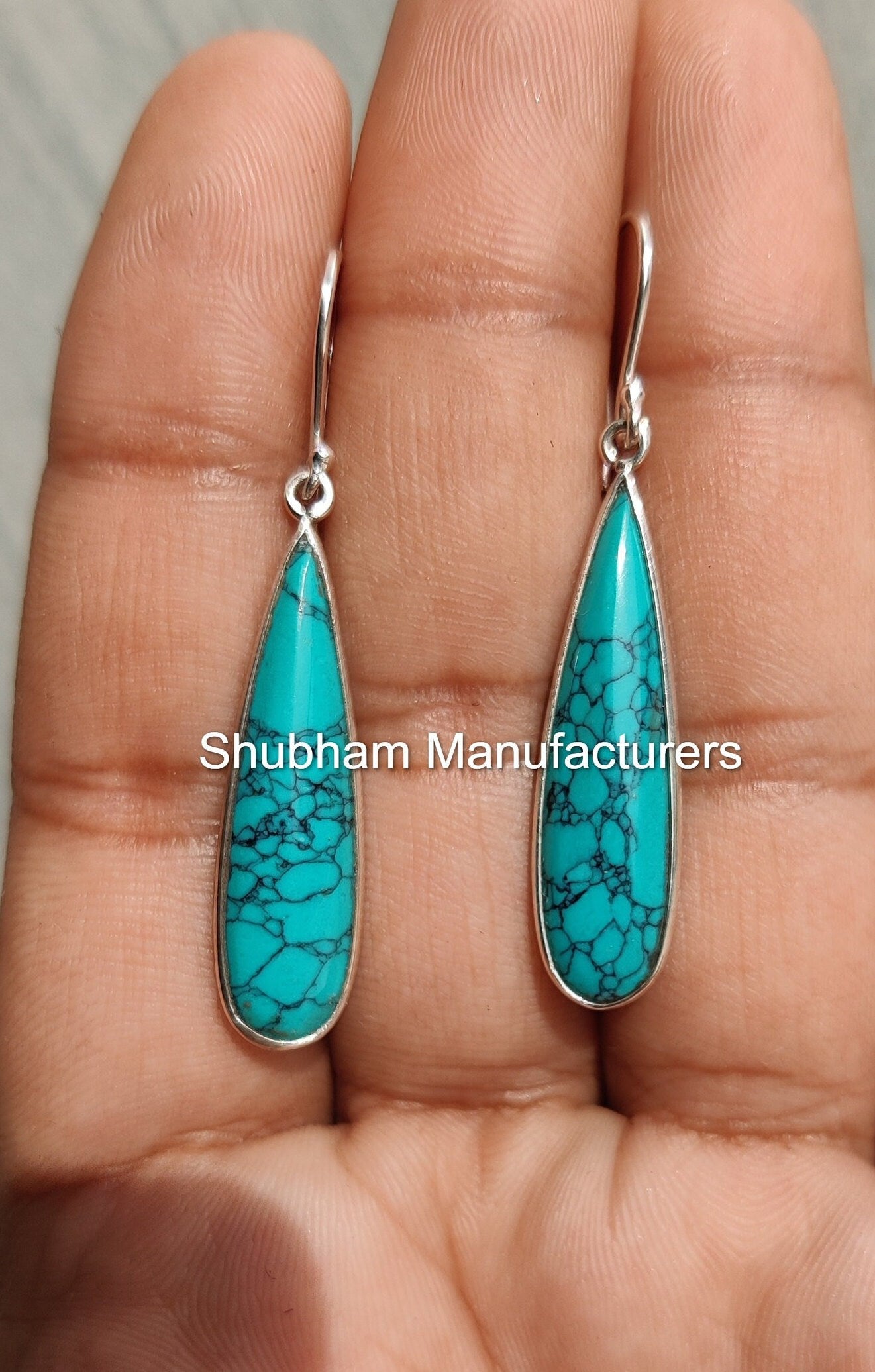 Genuine Turquoise Earrings, 925 Sterling Silver Earrings, Turquoise Silver Jewelry, Teardrop Gemstone Earrings, Wedding Jewelry for Women