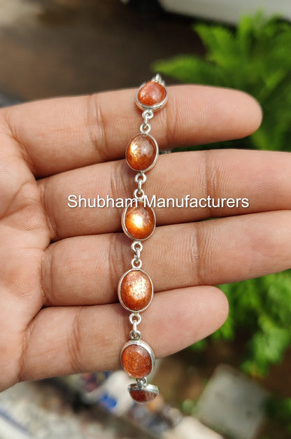 Natural Sunstone Bracelet, 925 Sterling Silver Bracelet, Handmade Bracelet for Her, Flashy Sunstone Jewelry, Orange Gemstone Bracelet