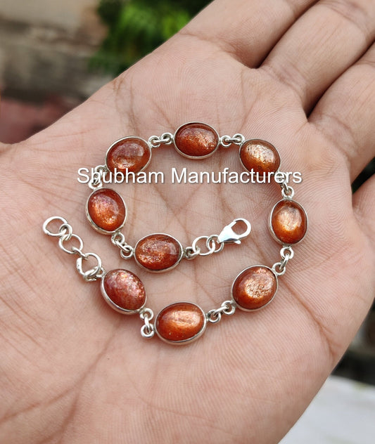 Natural Sunstone Bracelet, 925 Sterling Silver Bracelet, Handmade Bracelet for Her, Flashy Sunstone Jewelry, Orange Gemstone Bracelet