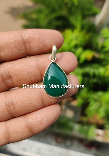 Natural Green Onyx Pendant, 925 Sterling Silver Pendant, Green Gemstone Jewelry, Teardrop Shape Pendant, Green Stone Necklace for Women