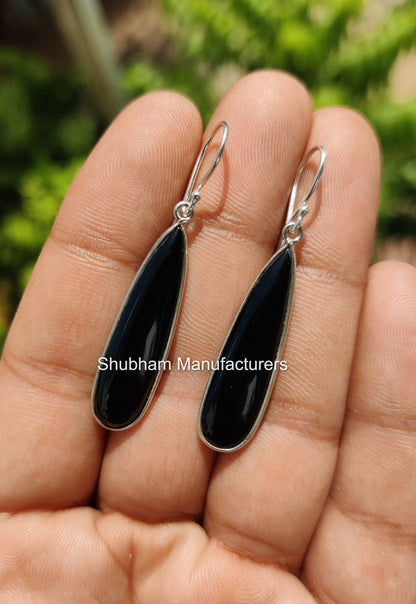 Black Onyx Earrings, 925 Sterling Silver Earrings, Onyx Drop Dangle Earrings, Black Stone Earrings for Her, Wedding Jewelry, Long Earrings