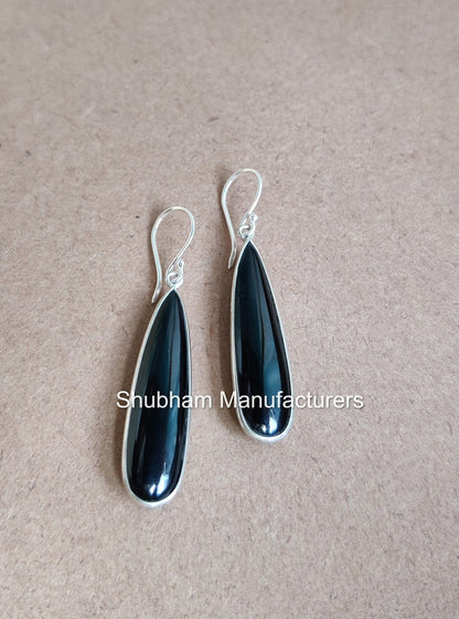 Black Onyx Earrings, 925 Sterling Silver Earrings, Onyx Drop Dangle Earrings, Black Stone Earrings for Her, Wedding Jewelry, Long Earrings