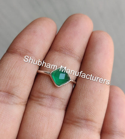 natural Green Onyx Ring, 925 Sterling Silver Ring, Rose Cut Green Onyx Jewelry, Cushion Shape, December Birthstone, Handcrafted Gift for Her