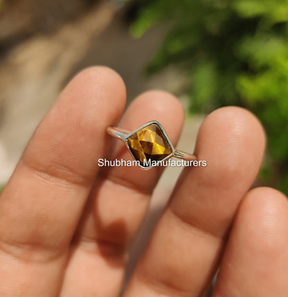 Natural Tiger Eye Ring, 925 Sterling Silver Ring, Brown Gemstone Ring, Tiger's Eye Statement Jewelry, June Birthstone, Cushion Shape Ring