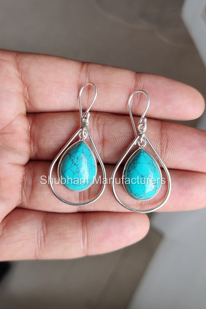 Natural Blue Turquoise Dangle Earrings, 925 Sterling Silver Earrings, Birthstone Earring for Women, Bridal Jewelry, Handcrafted Gift for Her