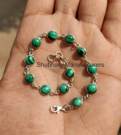 Natural Green Malachite Bracelet, 925 Sterling Silver Bracelet,Minimalist Adjustable Gemstone Bracelet,November Birthstone Jewelry for Women